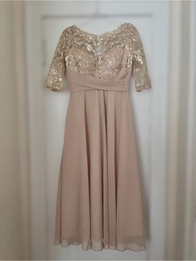 Formal Evening Gown Taupe Sz 2 Sequined Lace Bodice Chiffon Wedding Guest NWT
